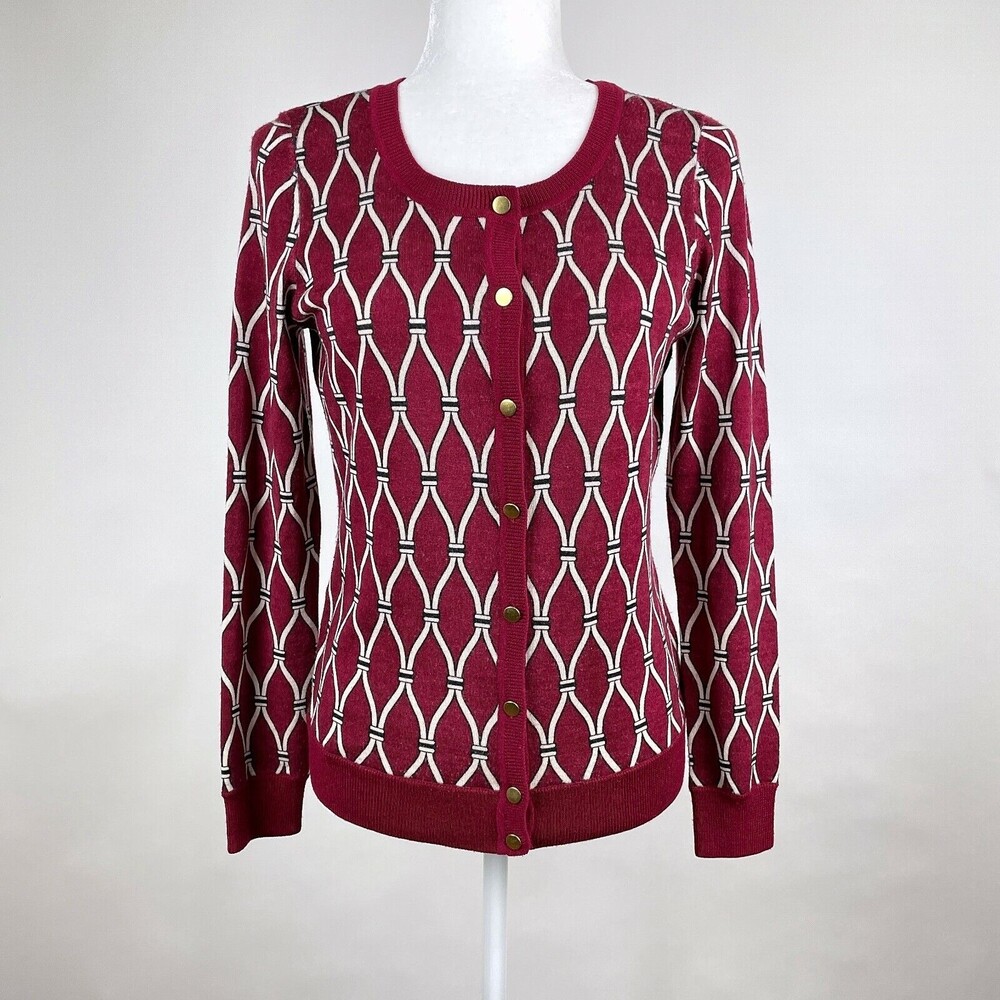 Talbots Womens Size S Merino Wool Red Geometric Pattern Cardigan Button Sweater